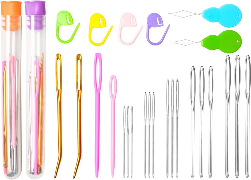 HEKISN 45Pcs Large Eye Blunt Yarn Needles kit, Assorted Sizes Bent Tapestry Darning Needle, Sewing Needles with Needle Threaders & Stitch Markers for Knitting Crochet (Orange&Purple) - Image 1